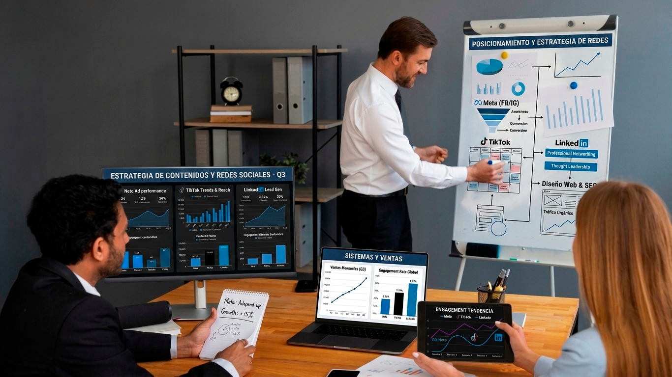 equipo de marketing y estrategia discutiendo sobre contenido y posicionamiento en una oficina