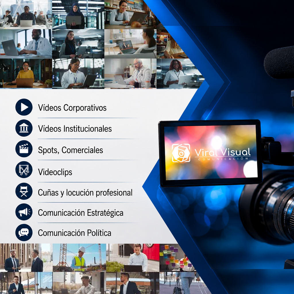 lista de servicios junto a un collage de videos de viral visual comunicacion